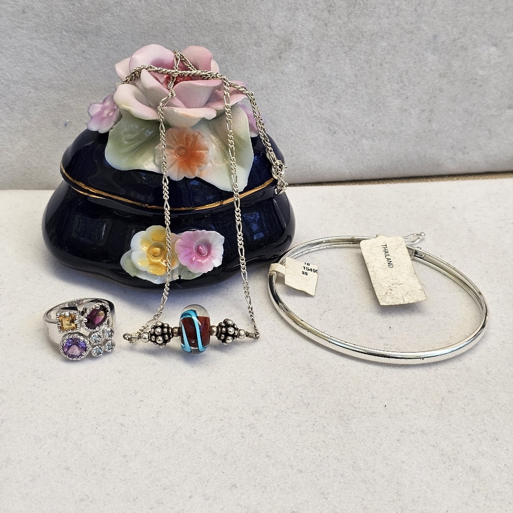 SET! Blown Glass Necklace with 925 Silver Cuff and 925 Ring Size 7 - Picture 2 of 16